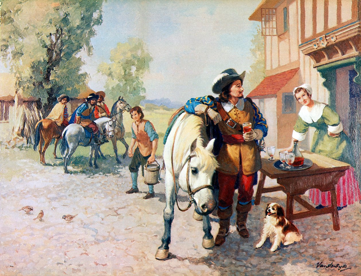 Cztery cavaliery w drodze do Londynu znajdują psa, który stał się pierwszym King Charles Spanielem autorstwa Gerritt Vandersyde