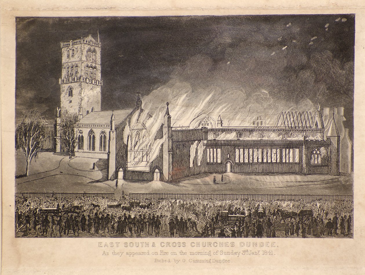 Kościoły wschodnie, południowe i krzyżowe, Dundee, jak pojawiły się w ogniu w niedzielę 3 stycznia 1841 r., ok. 1841 r. (akwaforta) autorstwa Gershom Gourlay Cumming