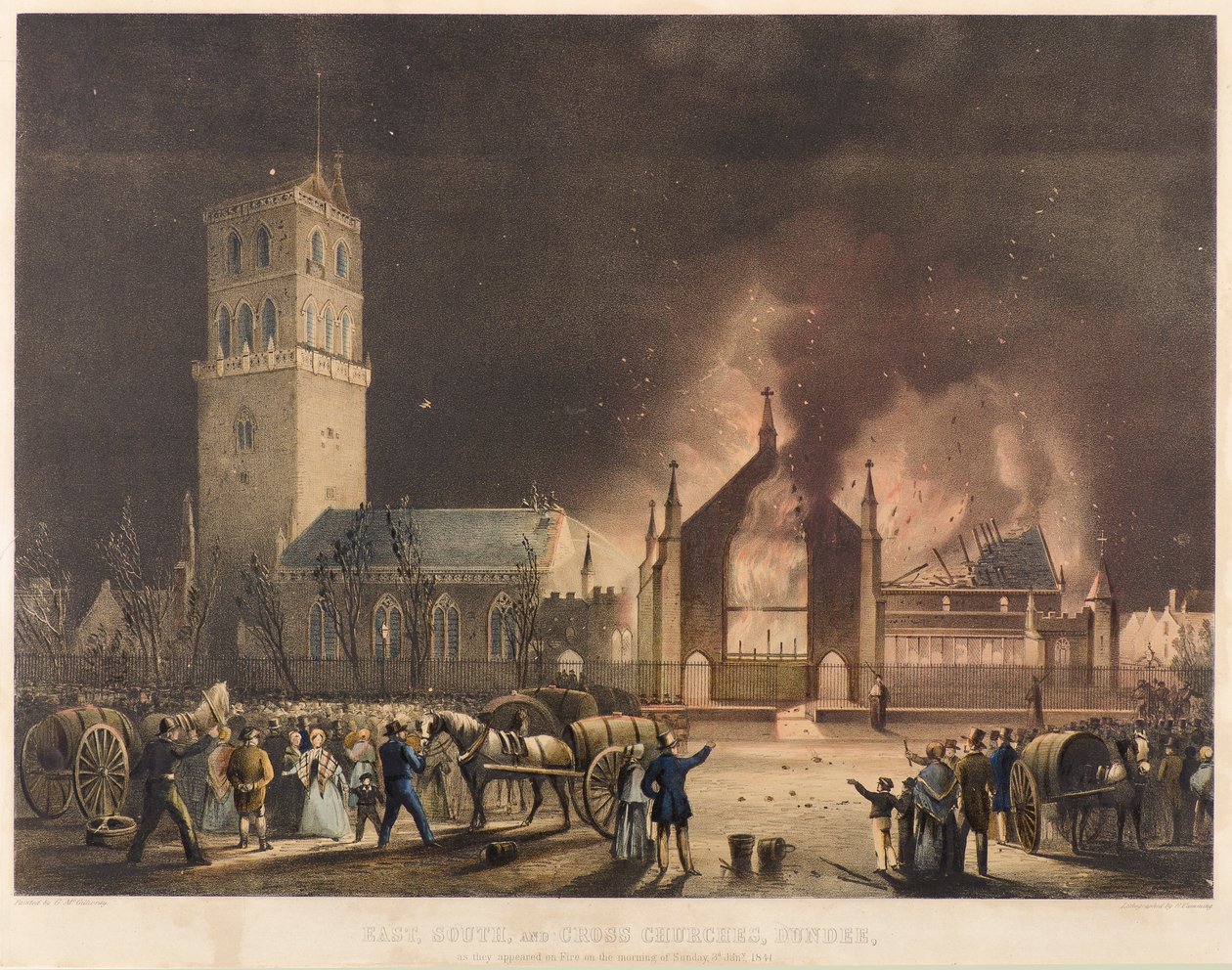 Kościoły wschodnie, południowe i krzyżowe, Dundee, jak pojawiły się w ogniu w niedzielę 3 stycznia 1841 r., ok. 1841 r. (litografia) autorstwa Gershom Gourlay Cumming