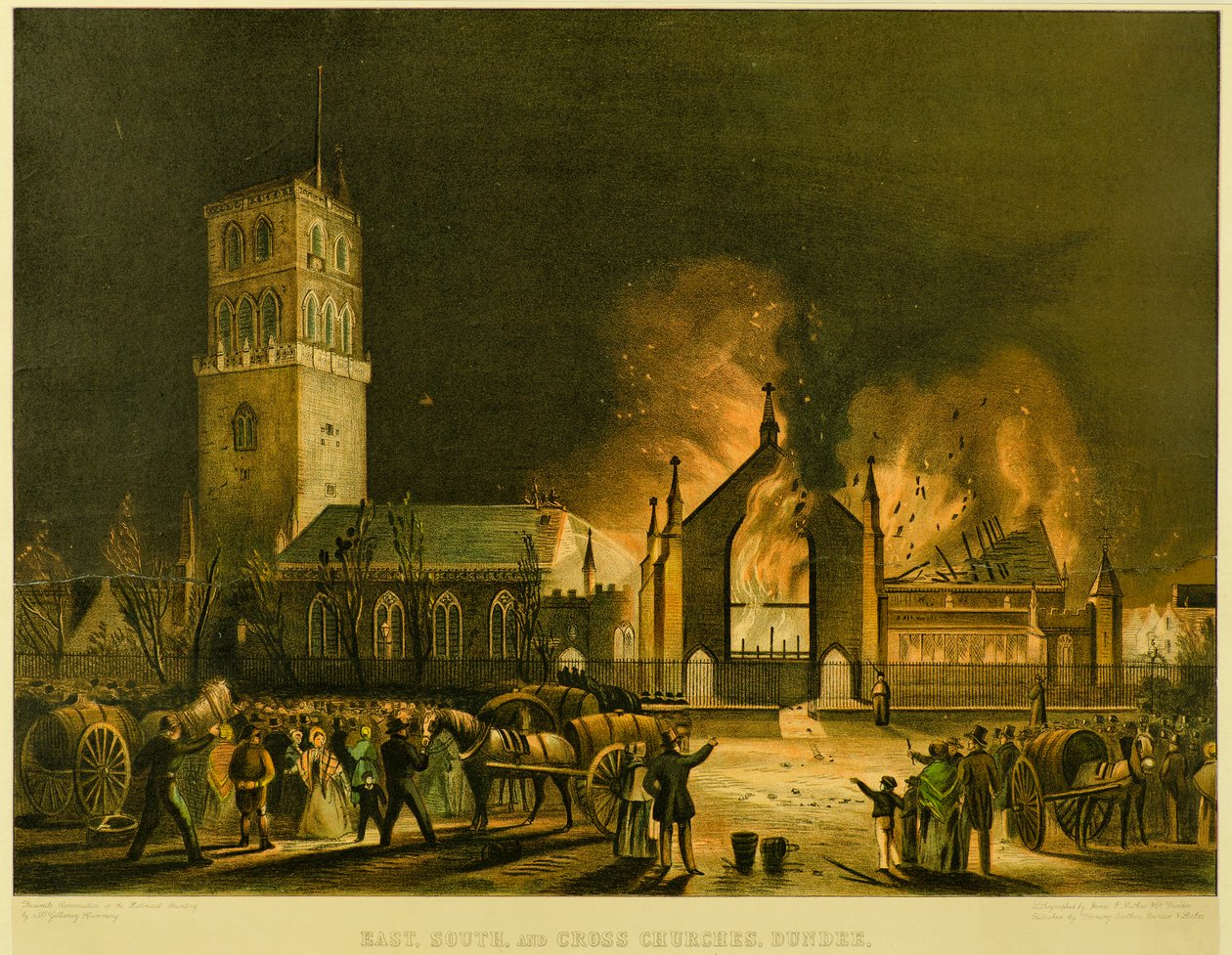 Kościoły wschodnie, południowe i krzyżowe, Dundee [jak pojawiły się w ogniu w niedzielę, 3 stycznia 1841 r.] (za Georgem McGillivrayem), ok. 1841 (litografia) autorstwa Gershom Gourlay Cumming