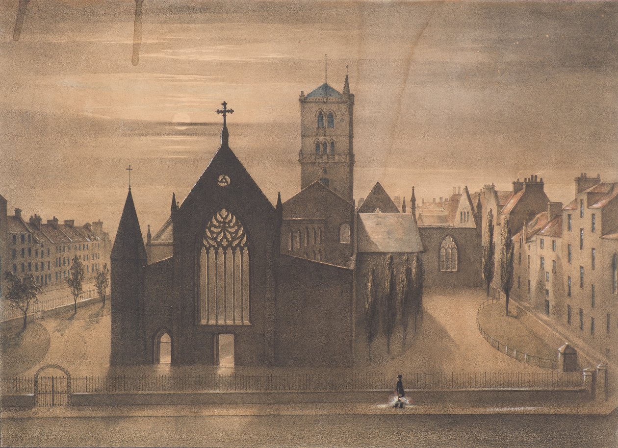 Moonlight View of East and Cross Churches, Dundee, jak pojawiły się po pożarze z 3 stycznia, c.1841 (litografia) autorstwa Gershom Gourlay Cumming