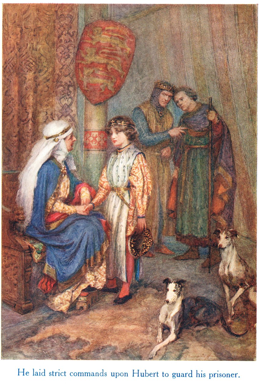 „Wydał surowe rozkazy Hubertowi, aby pilnował swojego więźnia”, ilustracja z „Opowieści Szekspira o angielskich królach”, opublikowanych przez George Harrap & Son autorstwa Gertrude E. Demain Hammond