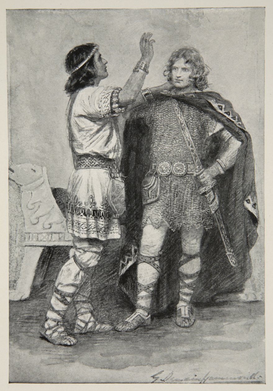 Hereward i Sigtryg z „Bohaterskich mitów i legend rasy brytyjskiej” M.I. Ebbutt autorstwa Gertrude E. Demain Hammond