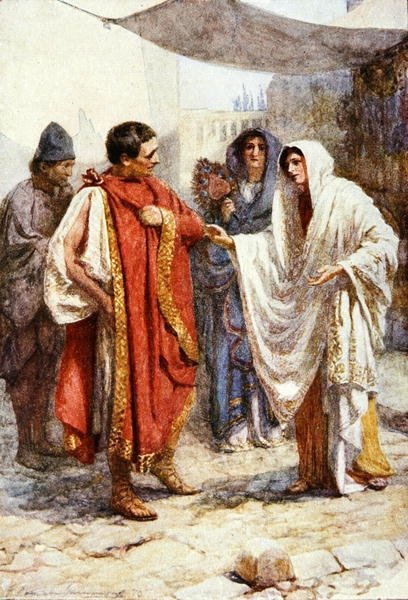 Jak to się teraz dzieje, mój mężu, że jesteś oddzielony od siebie? ilustracja z „Komedii błędów” w „Opowieściach z Szekspira: Retold by Thomas Carter” opublikowanych ok. 1910 r. (litografia kolorowa) autorstwa Gertrude E. Demain Hammond