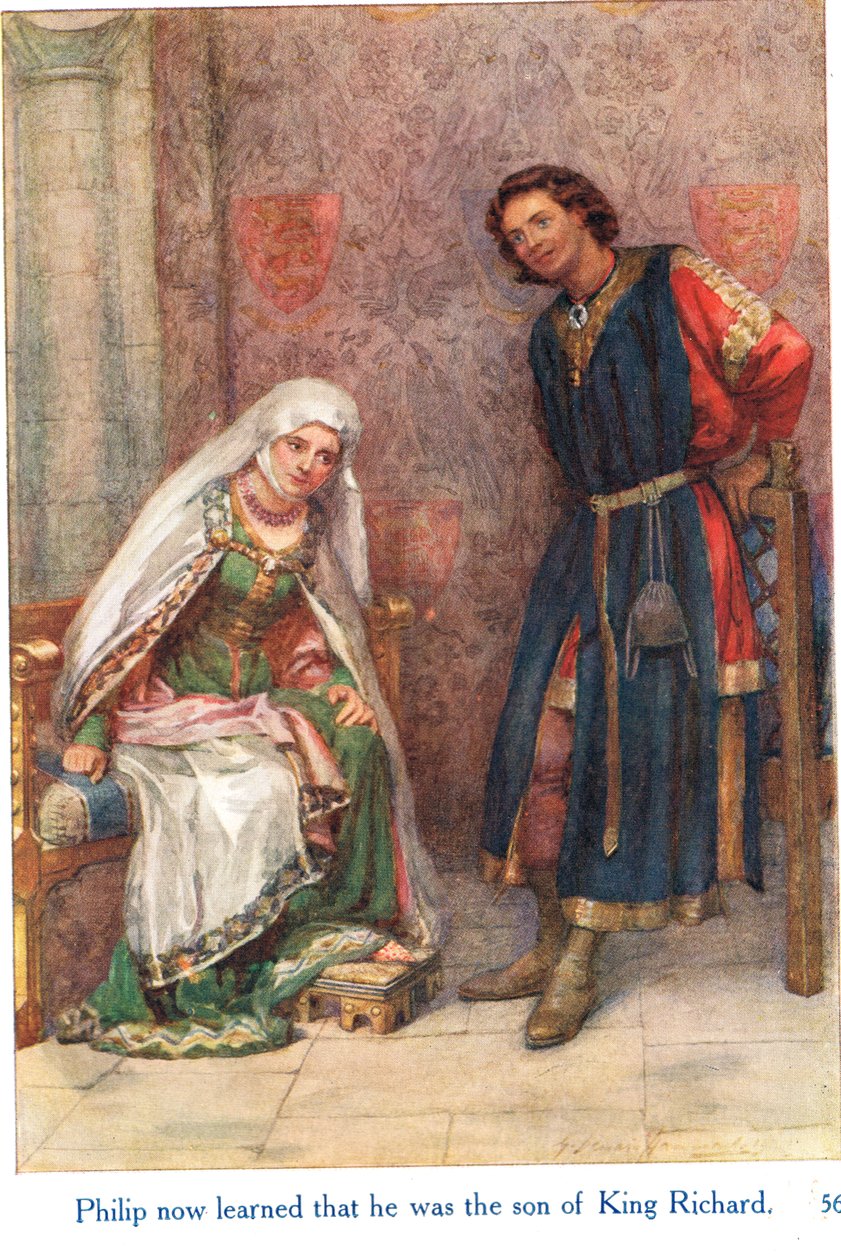 Filip dowiedział się teraz, że jest synem króla Ryszarda, ilustracja z „Opowieści Szekspira o angielskich królach”, opublikowanych przez George Harrap & Son autorstwa Gertrude E. Demain Hammond