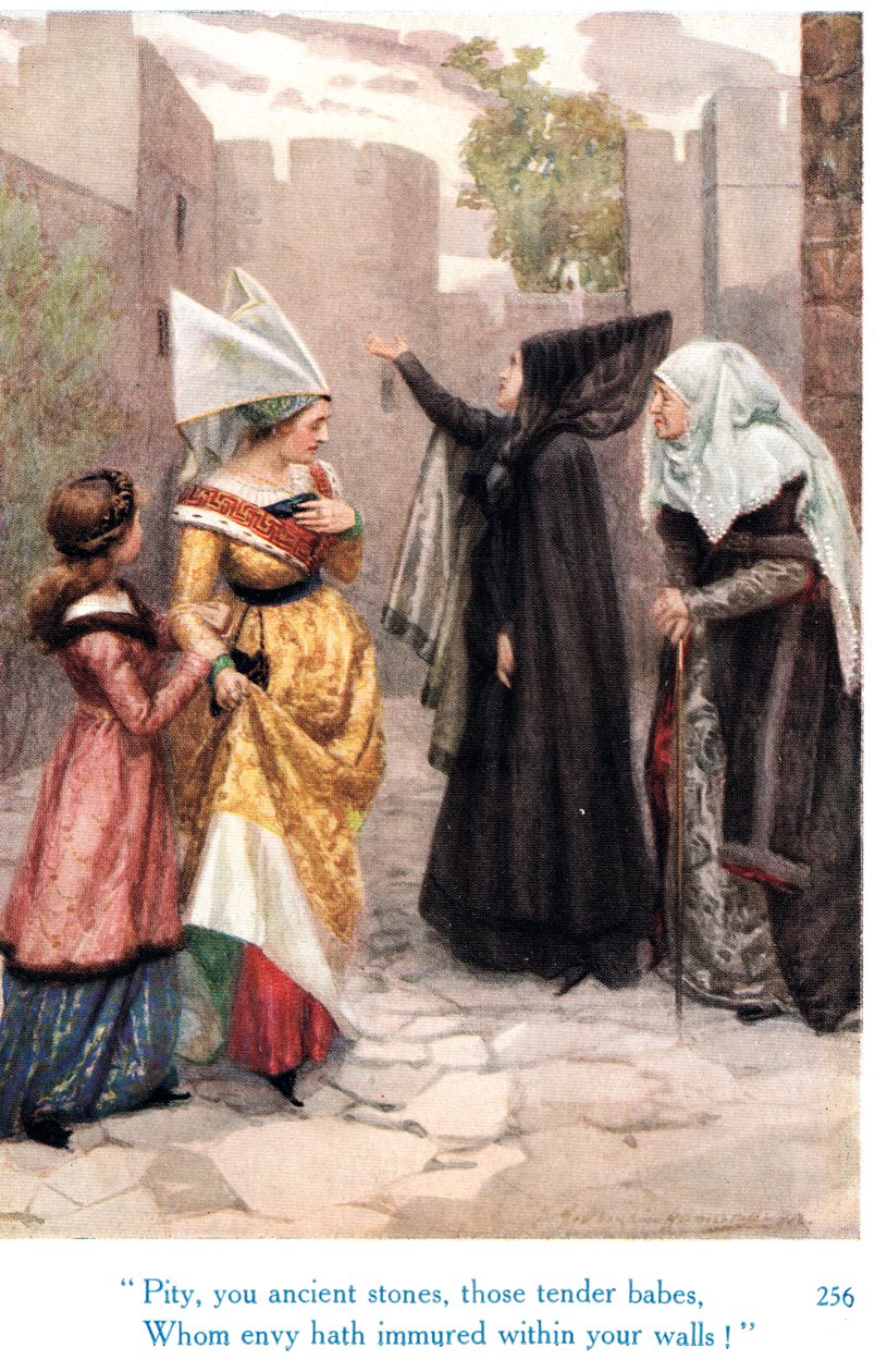 „Szkoda, starożytne kamienie, te delikatne niemowlęta, które zawiść zamknęła w waszych murach!”, ilustracja z „Opowieści Szekspira o angielskich królach”, opublikowanych przez George Harrap & Son autorstwa Gertrude E. Demain Hammond