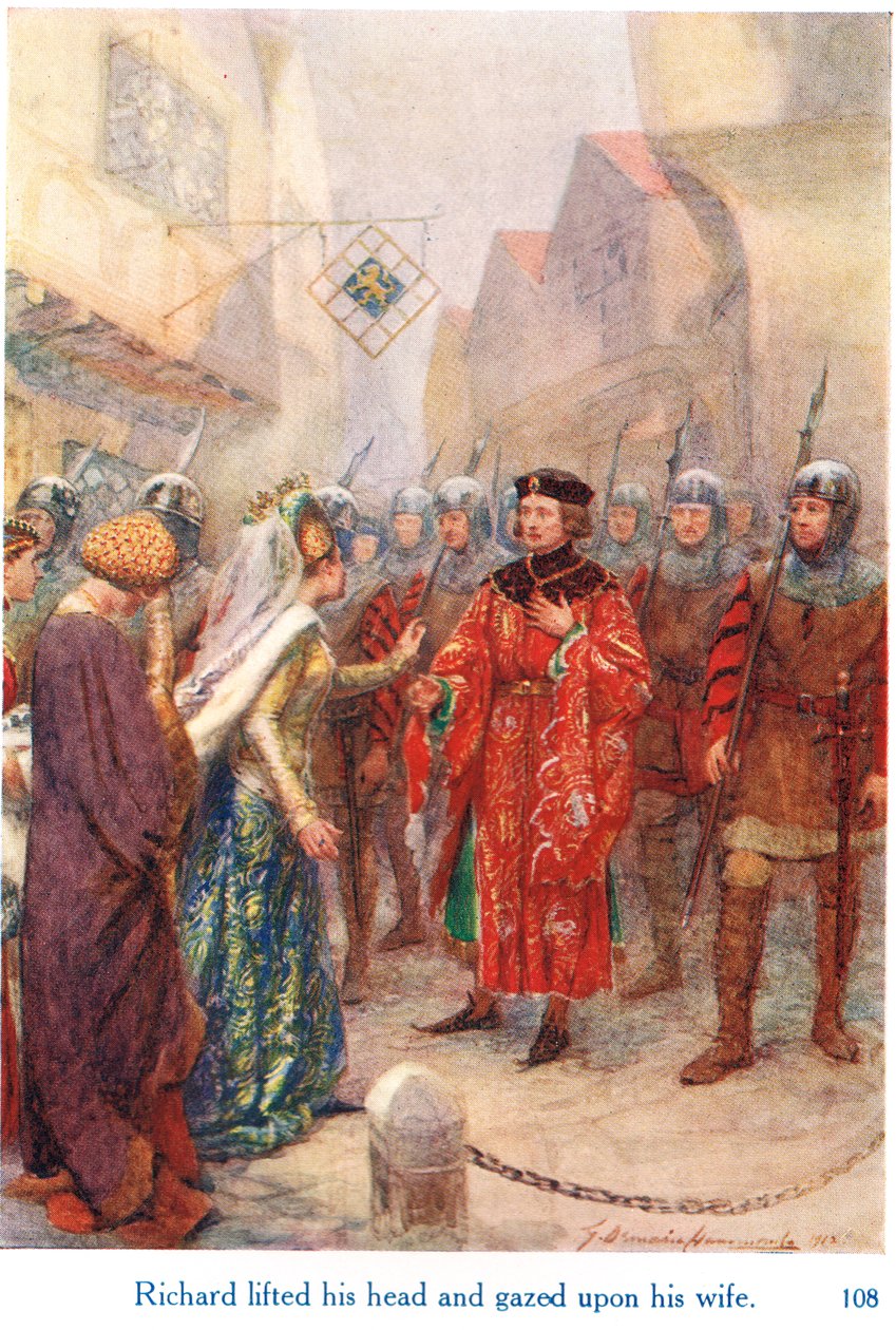 „Richard podniósł głowę i spojrzał na swoją żonę”, ilustracja z „Opowieści Szekspira o angielskich królach”, opublikowanych przez George Harrap & Son autorstwa Gertrude E. Demain Hammond