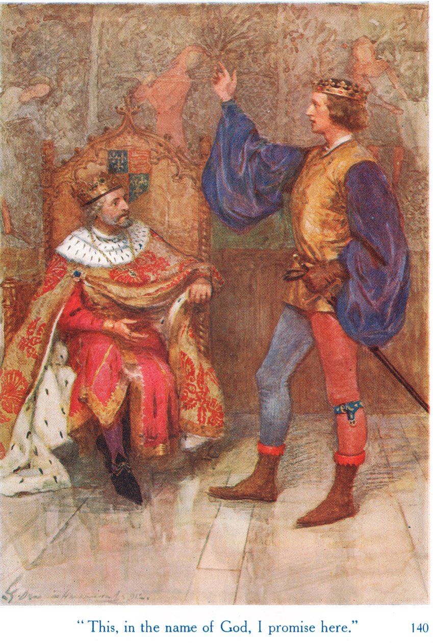 „To, w imię Boga, obiecuję tutaj”, ilustracja z „Opowieści Szekspira o angielskich królach”, opublikowanych przez George Harrap & Son autorstwa Gertrude E. Demain Hammond