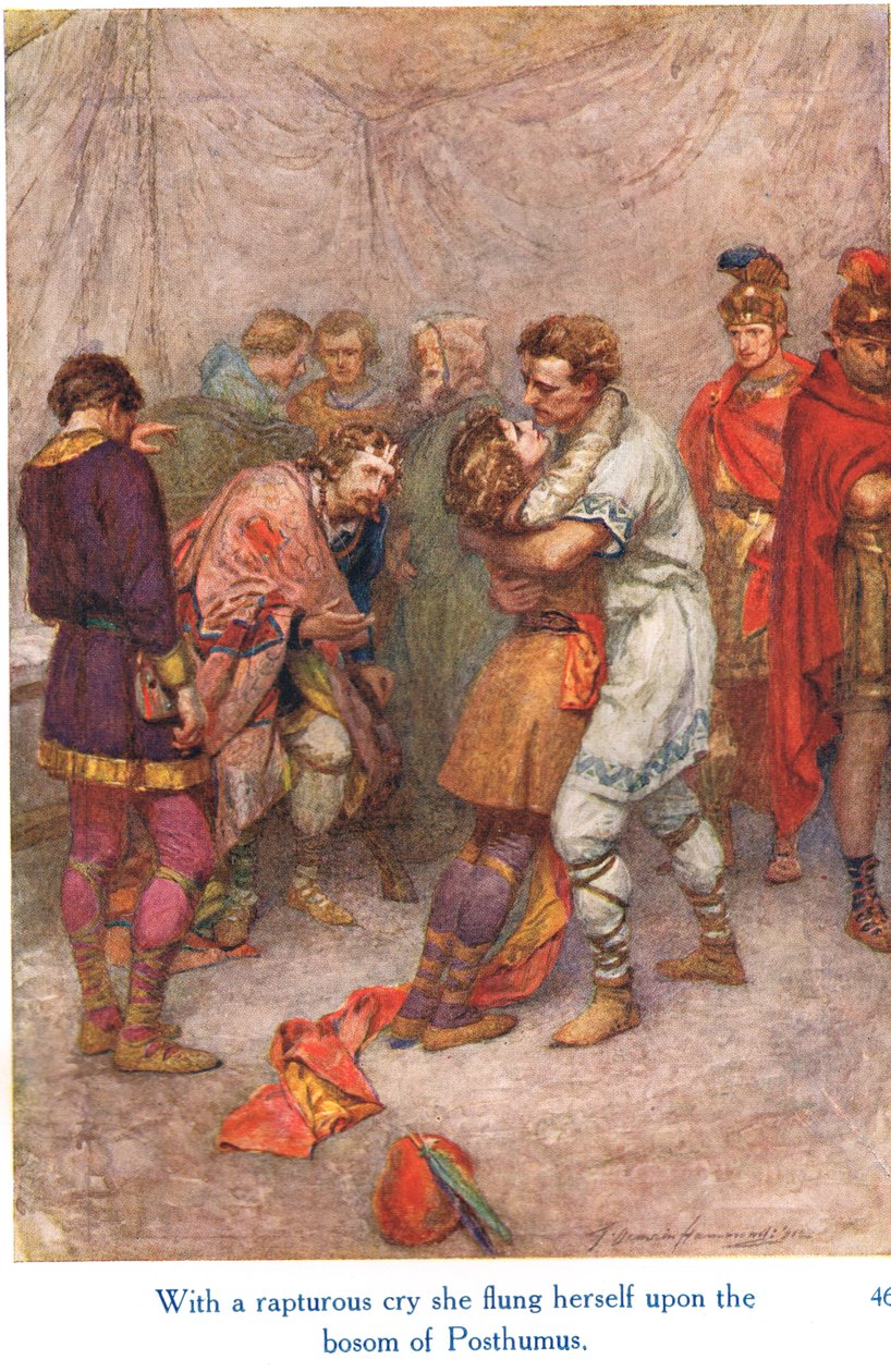 „Z radosnym okrzykiem rzuciła się na łono Posthumusa”, ilustracja z „Opowieści Szekspira o angielskich królach”, opublikowanych przez George Harrap & Son autorstwa Gertrude E. Demain Hammond