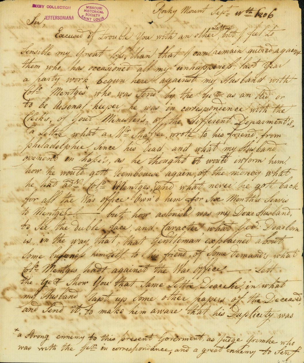 List podpisany Gertrude Joan Senf, Rocky Mount, do Thomasa Jeffersona, 11 września 1806 r. autorstwa Gertrude Joan Senf