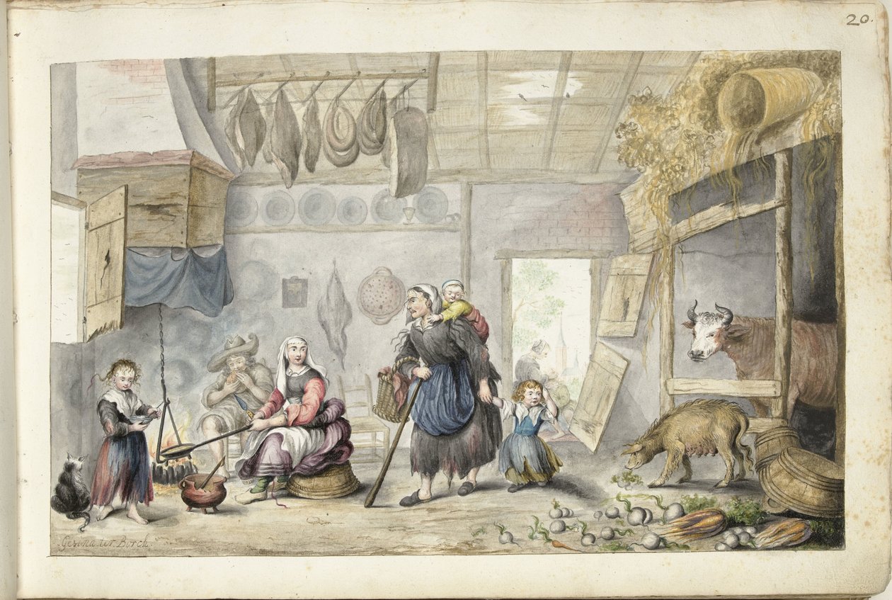 Wnętrze domu wiejskiego (dobroczynność lub ubóstwo) autorstwa Gesina ter Borch (signed by artist)