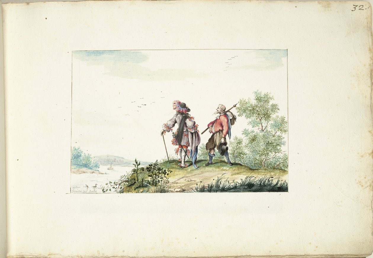 Pan i wędrowiec w krajobrazie autorstwa Gesina ter Borch (signed by artist)
