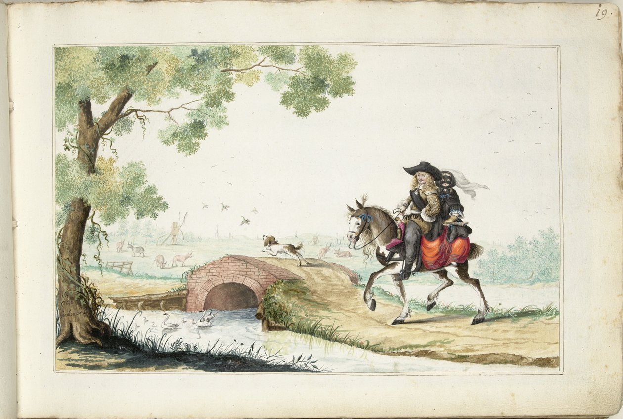Mężczyzna i kobieta w masce na koniu autorstwa Gesina ter Borch (signed by artist)