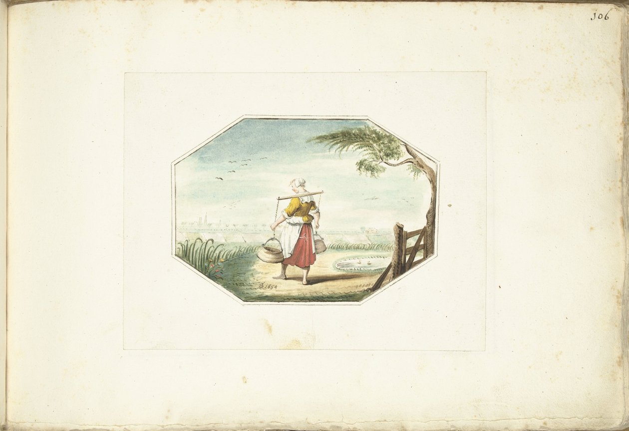 Dojarka z wiadrami w krajobrazie autorstwa Gesina ter Borch (signed by artist)