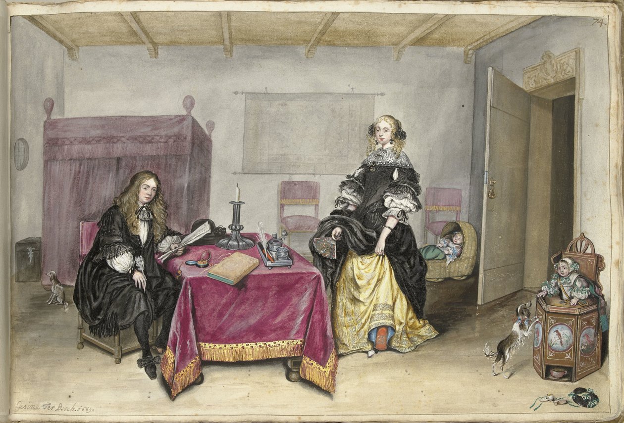 Sijbrant Schellinger i Jenneken ter Borch z dwójką dzieci we wnętrzu autorstwa Gesina ter Borch (signed by artist)