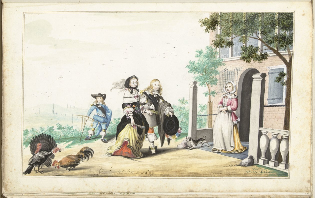 Para wita panią w drzwiach wiejskiego domu autorstwa Gesina ter Borch (signed by artist)