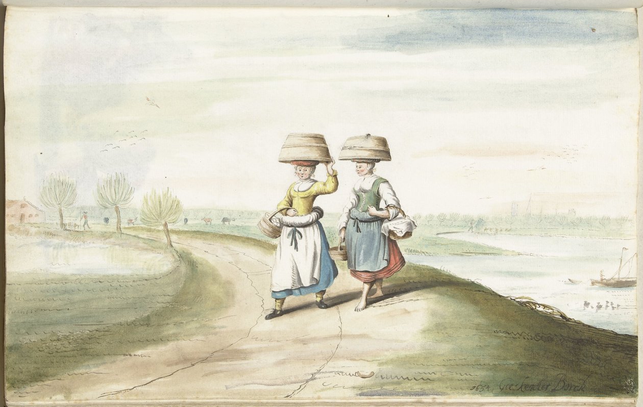 Dwie wieśniaczki spacerujące po krajobrazie autorstwa Gesina ter Borch (signed by artist)