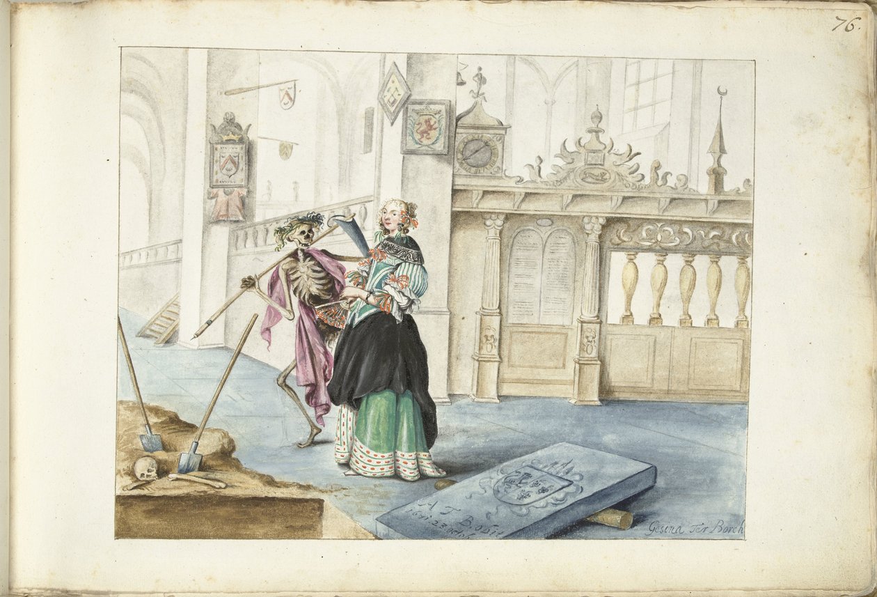 Kobieta (Aeltien?) stojąca obok Śmierci w kościele św. Michała, Zwolle autorstwa Gesina ter Borch (signed by artist)