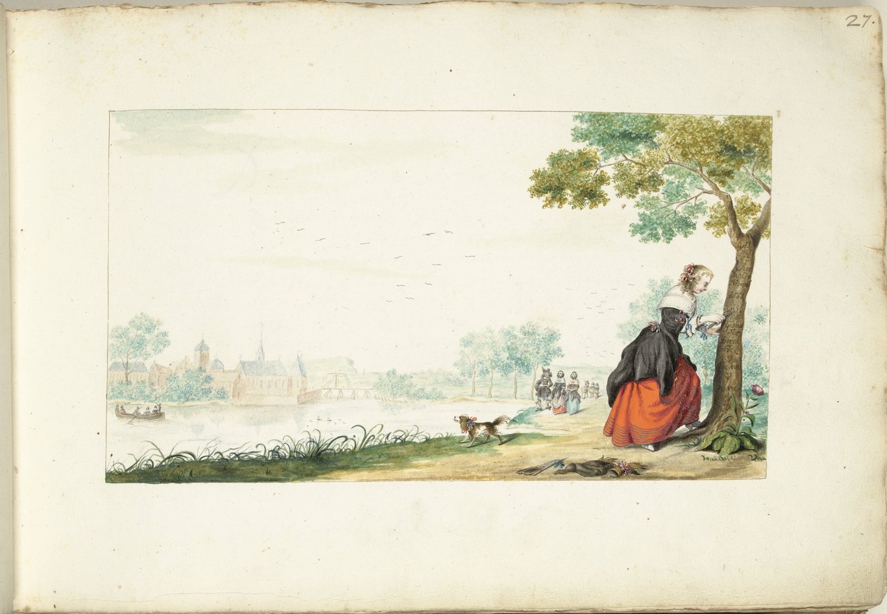Kobieta grawerująca imiona na drzewie autorstwa Gesina ter Borch (signed by artist)