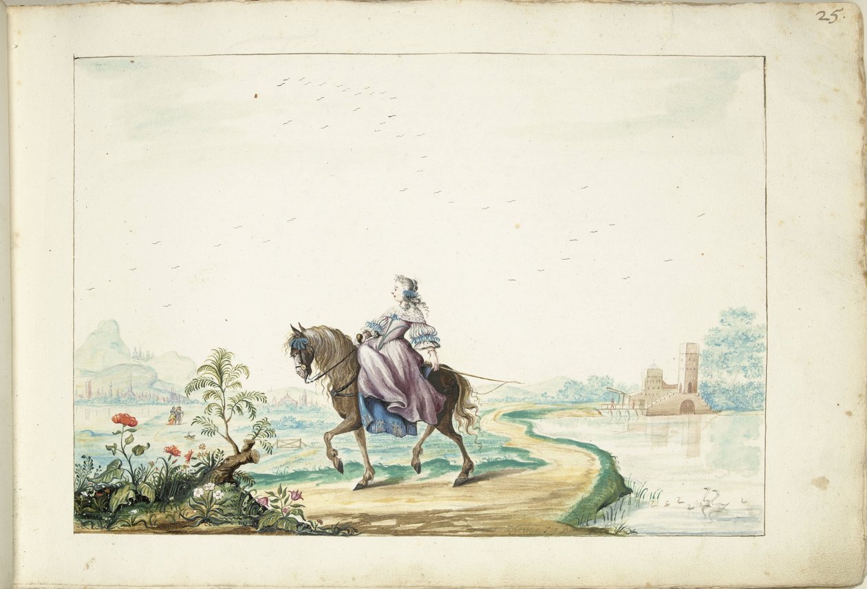 Kobieta na koniu w krajobrazie autorstwa Gesina ter Borch (signed by artist)