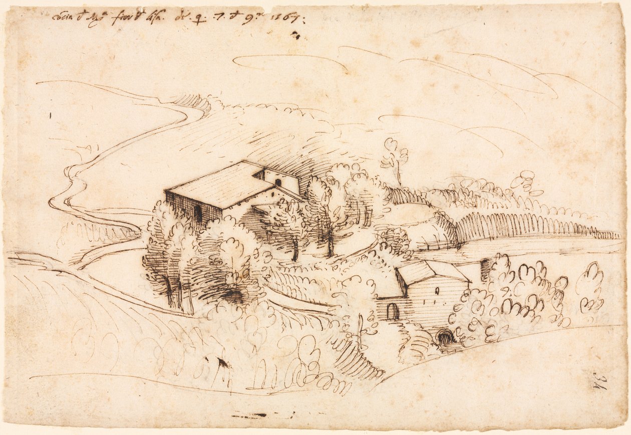 Farma z drzewami w pagórkowatym krajobrazie, 1567. autorstwa Gherado Cibo