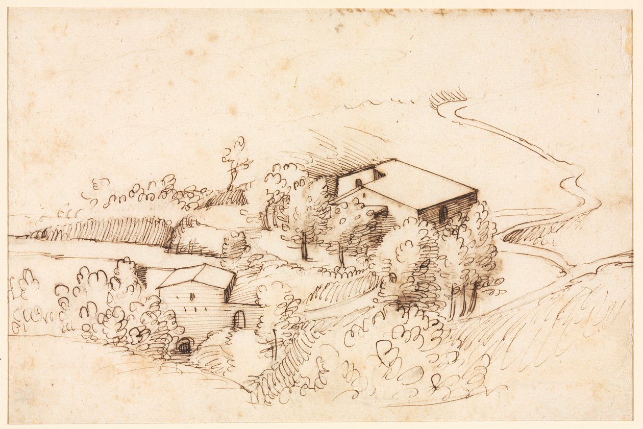 Farma z drzewami w pagórkowatym krajobrazie, 1567. autorstwa Gherardo Cibo