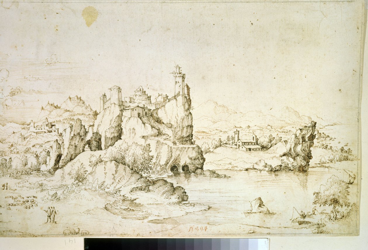 „Zamek na skale w górskim krajobrazie” (Zamek na skale w górskim krajobrazie) Brązowy rysunek Gherardo Cibo (1512-1600) 1540 Muzeum Puszkina, Moskwa autorstwa Gherardo Cibo