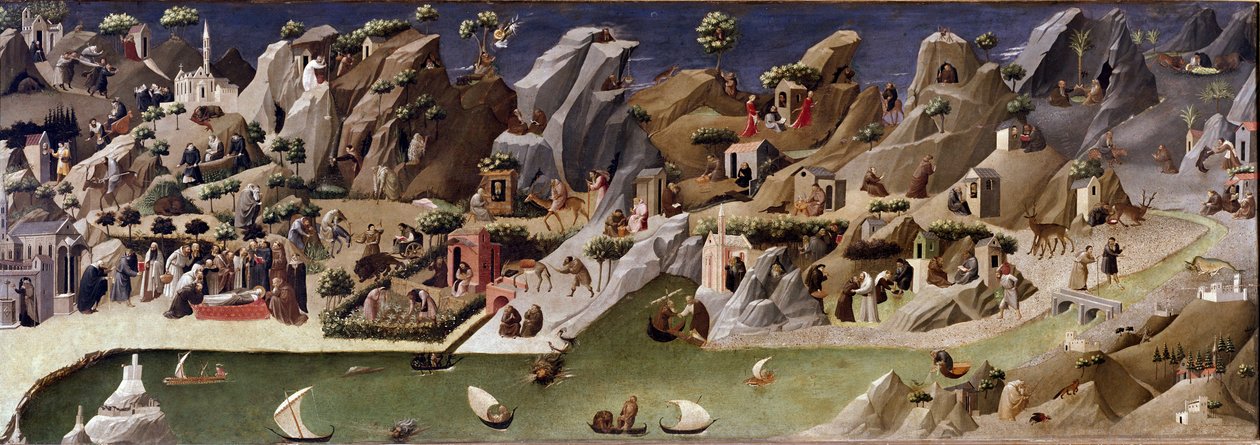 La thebaide des hermits Opis życia pustelników na pustyni - Detrempe na drewnie przypisywany Gherardo Starninie (XIV-XV w.). ok. 1400 Dim 2x0,8 m Florencja, galleria degli uffizi (Uffizi) autorstwa Gherardo Starnina