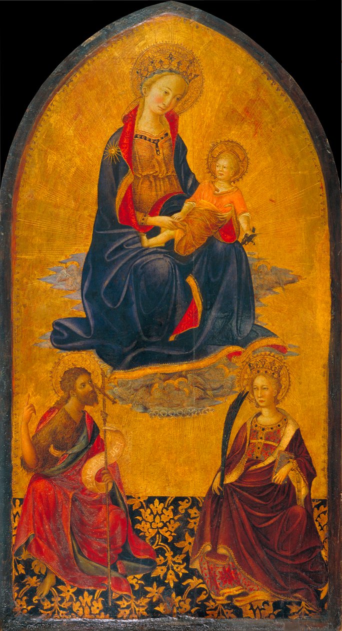 Adoracja Matki Boskiej z Dzieciątkiem św. Jana Chrzciciela i św. Katarzyny - Adoracja Matki Boskiej z Dzieciątkiem - św. - Tempera na panelu - autorstwa Gherardo Starnina