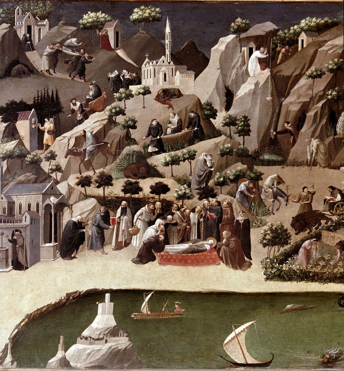 Tebaida Pustelników Szczegółowo. Opis życia pustelników na pustyni. Detrempe na drewnie przypisywany Gherardo Starninie (XIV-XV w.). ok. 1400 Ciemny. 2x0,8 m Florencja, galleria degli uffizi (Biura) autorstwa Gherardo Starnina