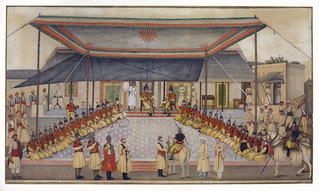 Pułkownik James Skinner trzymający durbar pułkowy, 1827 (wc z gwaszem na papierze) autorstwa Ghulam Ali Khan