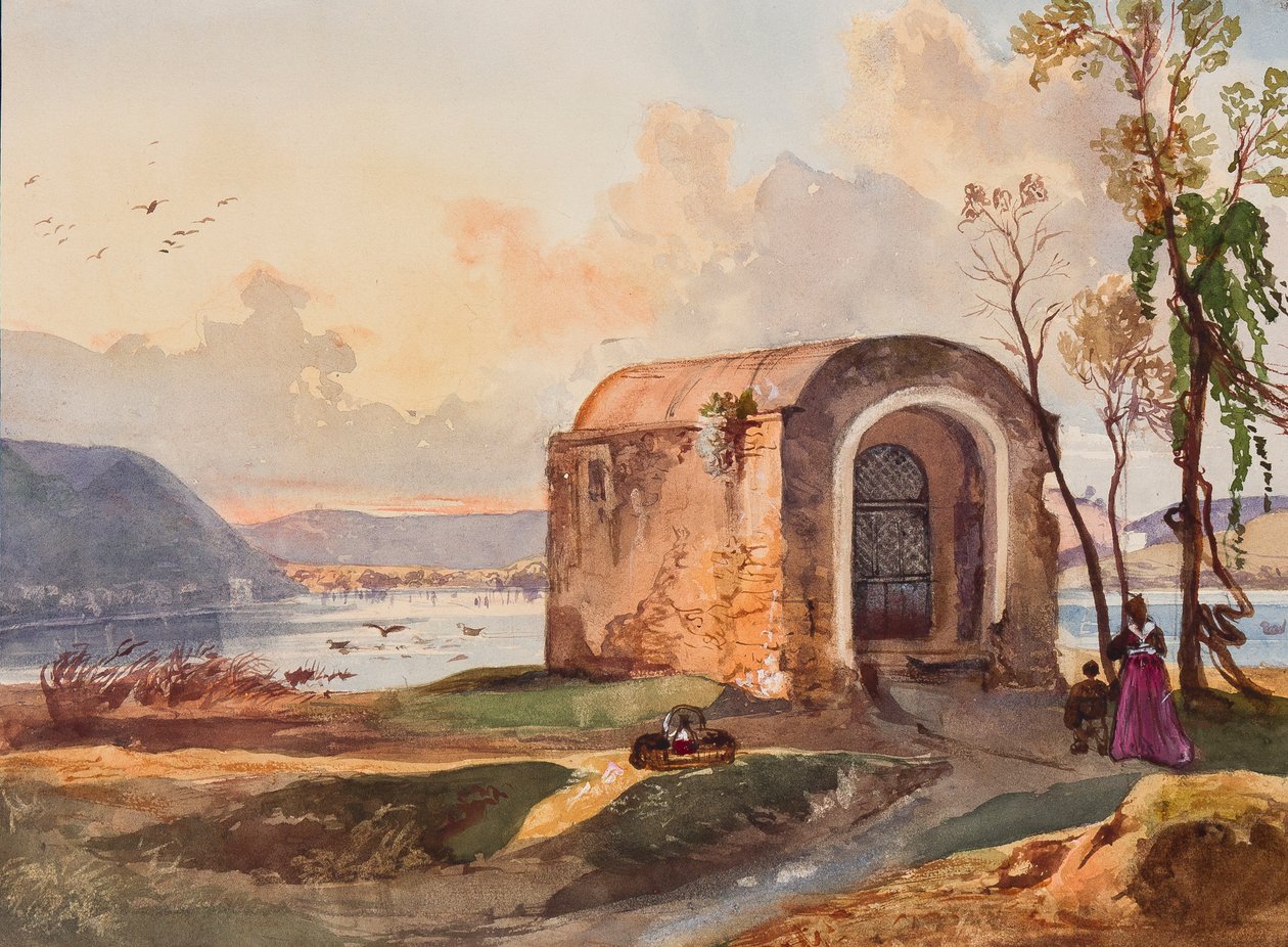 Kaplica nad jeziorem Lucrino, z dodatkami uczennicy Borbone, prawdopodobnie księżnej Marii Annunziaty di Borbone (1843-1871) (ołówek, wc i gwasz na papierze) autorstwa Giacinto Gigante