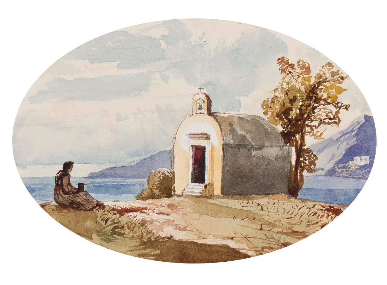 Kaplica nad morzem, z dopiskami księżnej Marii Annunziaty di Borbone (1843-1871) (ołówek, wc i gwasz na papierze) autorstwa Giacinto Gigante