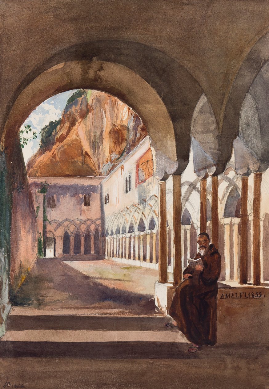 Krużganki w Amalfi, z uzupełnieniami księcia Luigiego Marii di Borbone (1838-1886), 1855 (ołówek i wc na papierze) autorstwa Giacinto Gigante