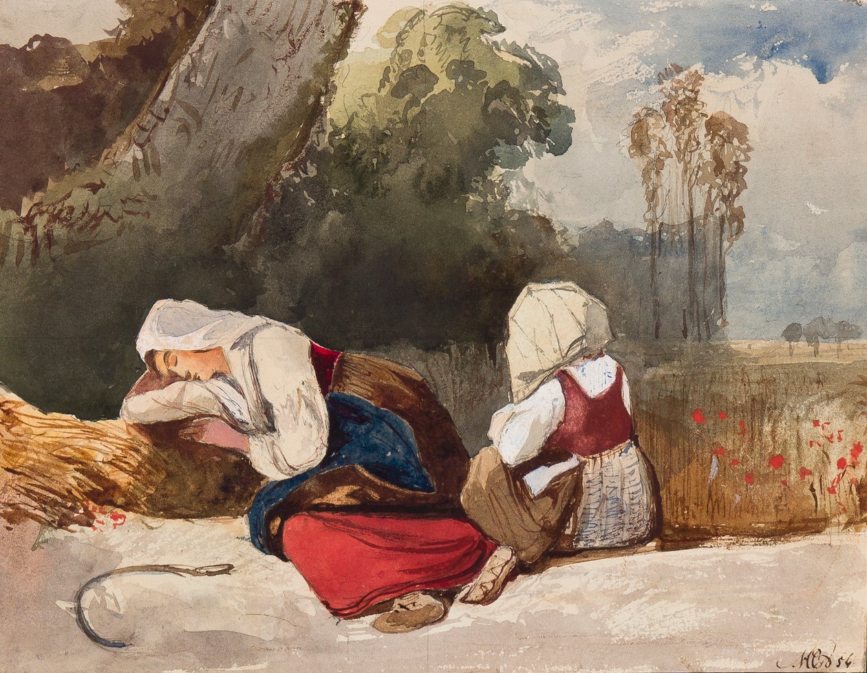 Gleaners odpoczywający, z dopiskami księżnej Marii Annunziata di Borbone (1843-1871), 1854 (ołówek, wc i gwasz na papierze) autorstwa Giacinto Gigante
