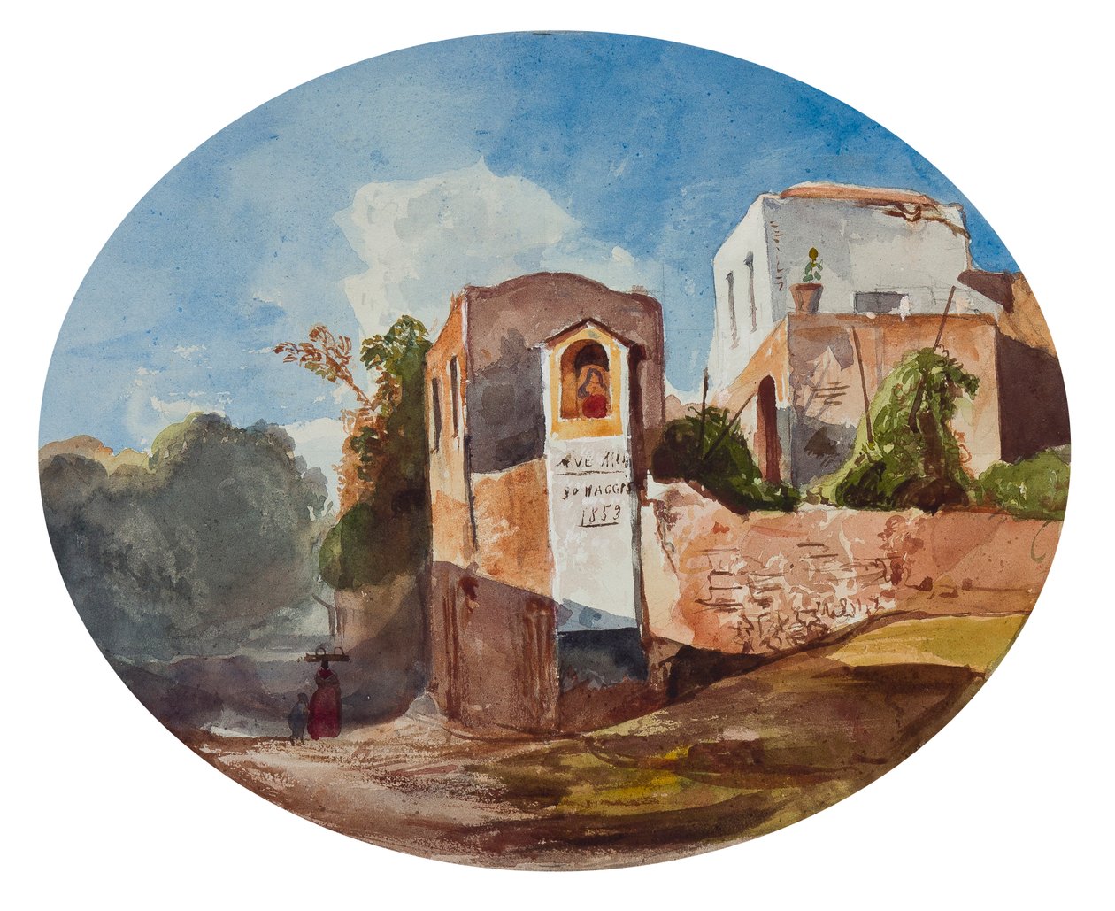 Kapliczka przydrożna, z dodatkami ucznia Borbone, 1853 (ołówek, wc i gwasz na papierze) autorstwa Giacinto Gigante