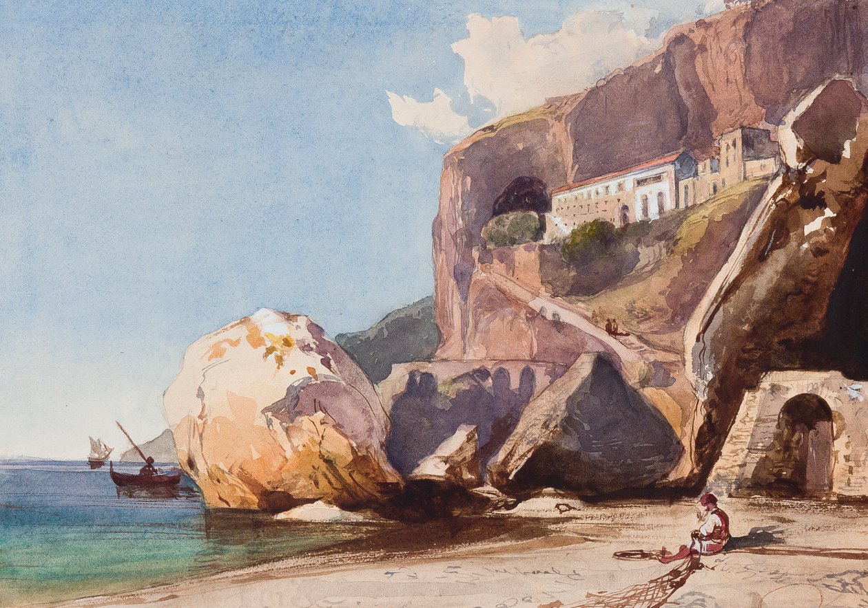 Klasztor Kapucynów w Amalfi od strony plaży, z dodatkami księcia Alfonsa Marii di Borbone (1841-1934) (ołówek, wc i gwasz na papierze) autorstwa Giacinto Gigante