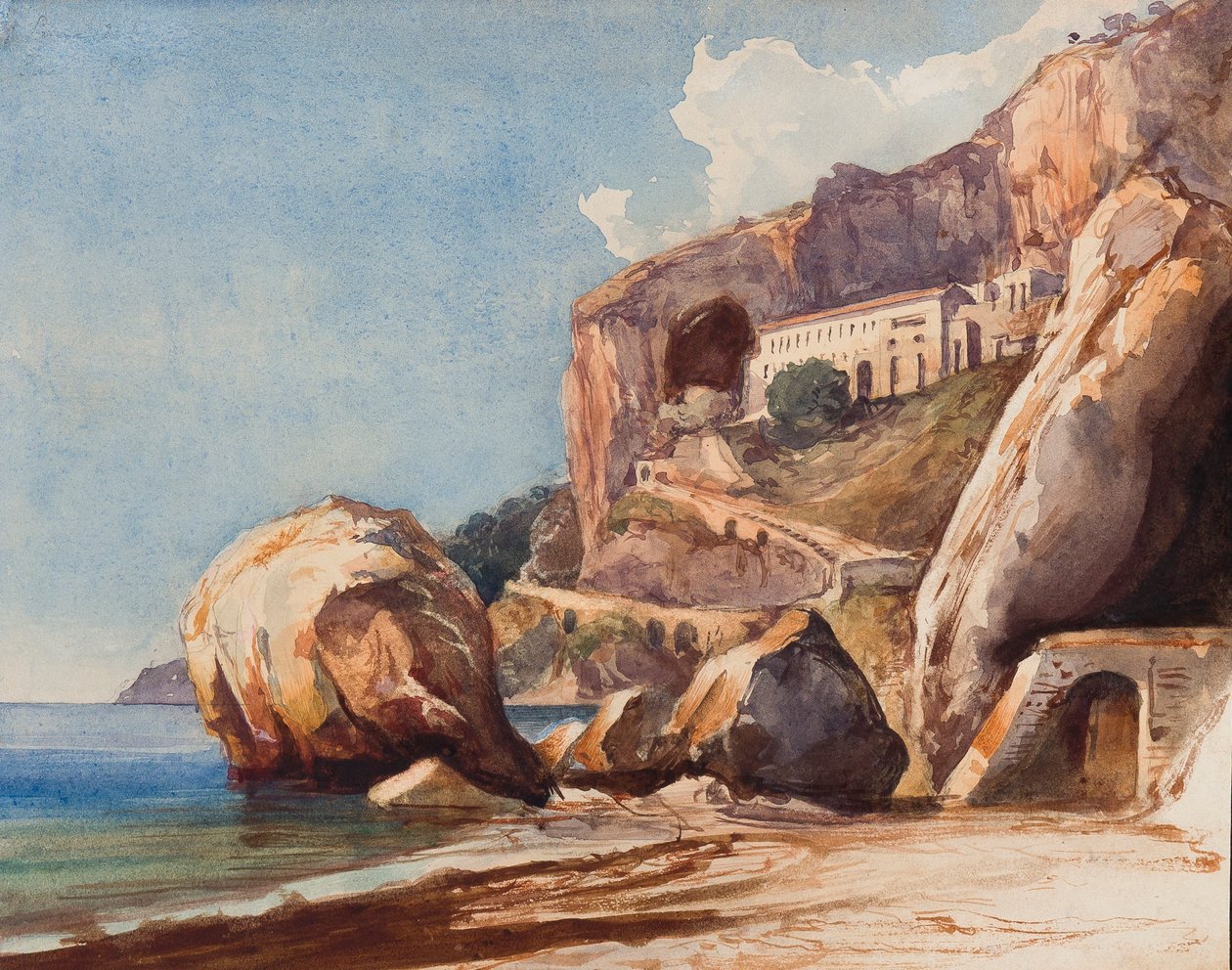 Klasztor kapucynów w Amalfi od strony plaży, z dodatkami ucznia Borbone (ołówek i wc na papierze) autorstwa Giacinto Gigante