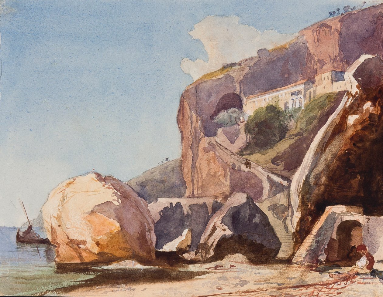 Klasztor Kapucynów w Amalfi od strony plaży, z uzupełnieniami ucznia Borbone (ołówek, wc i gwasz na papierze) autorstwa Giacinto Gigante
