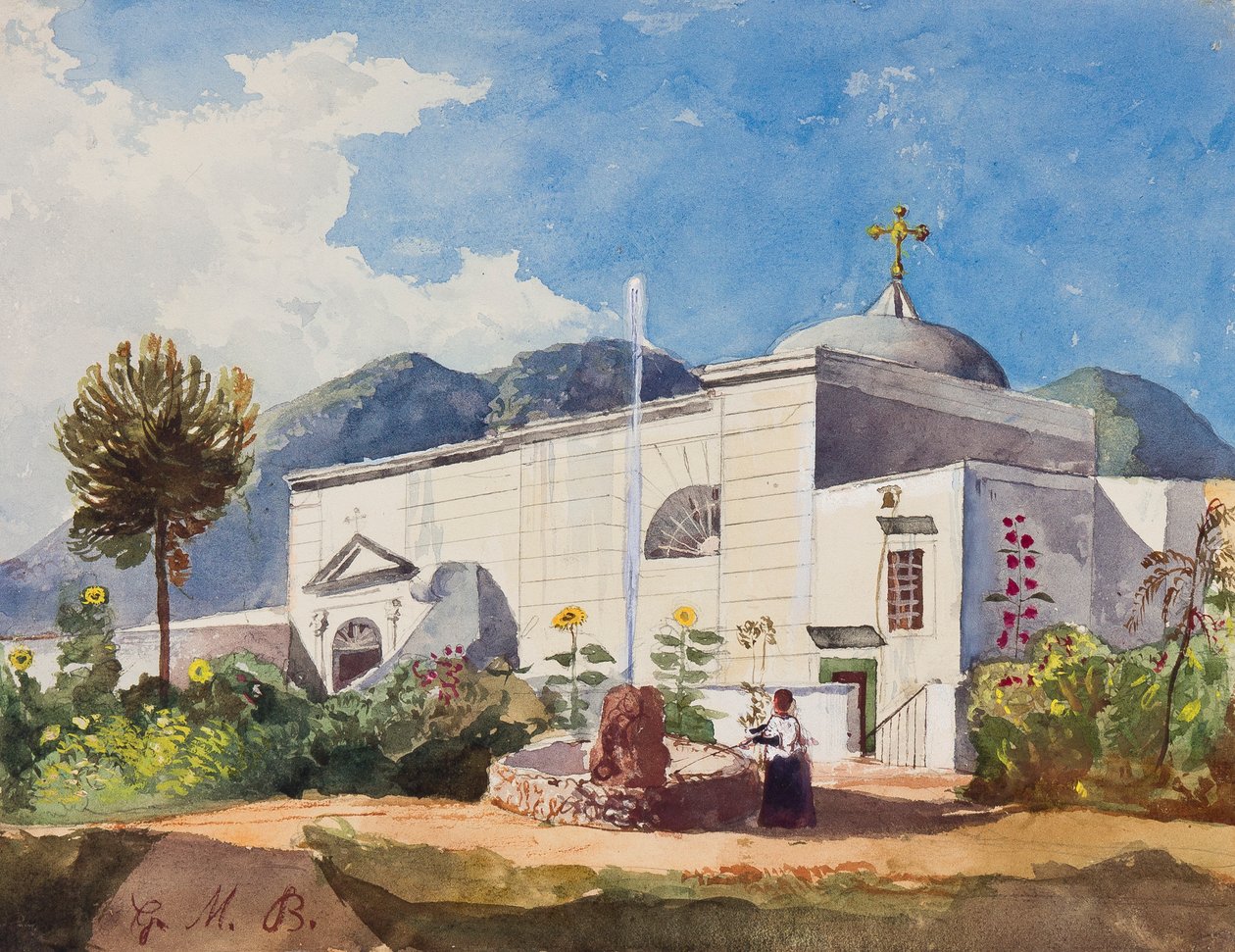 Kościół i fontanna, prawdopodobnie ogród rezydencji królewskiej, z uzupełnieniami autorstwa księcia Gaetano Maria Federico di Borbone (1846-1871) (ołówek, wc i gwasz na papierze) autorstwa Giacinto Gigante