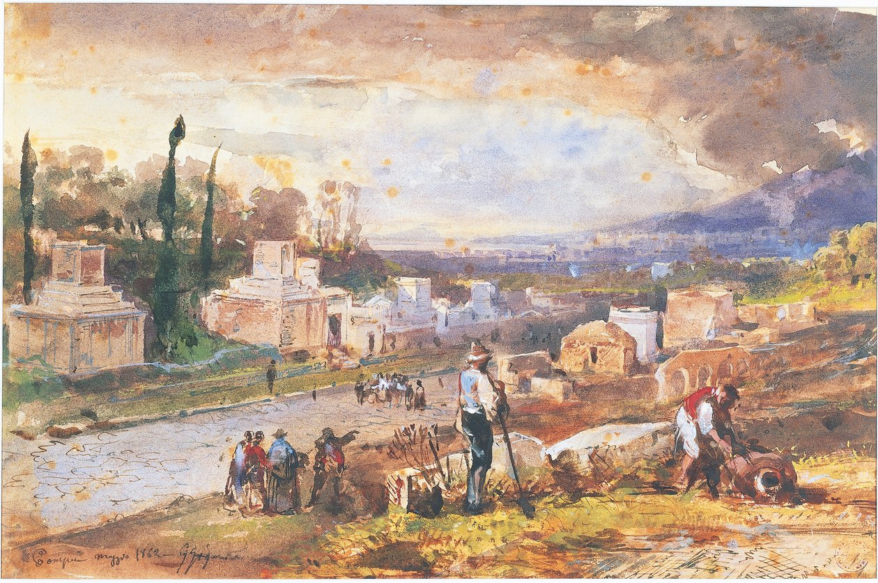 Włochy, Pompeje, Ulica Grobowców 1862 (akwarela) autorstwa Giacinto Gigante