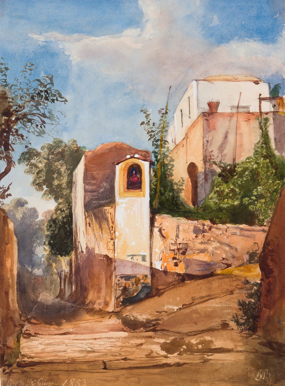 Kapliczka przydrożna, z uzupełnieniami księcia Luigiego Marii di Borbone (1838-1886), 13.06.1853 (ołówek, wc i gwasz na papierze) autorstwa Giacinto Gigante