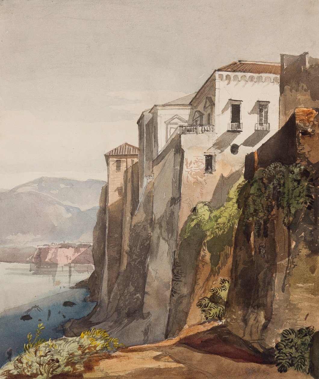 Dom Tasso, Sorrento, z uzupełnieniami księżnej Marii Annunziata di Borbone (1843-1871), 1853 (ołówek, wc i gwasz na papierze) autorstwa Giacinto Gigante