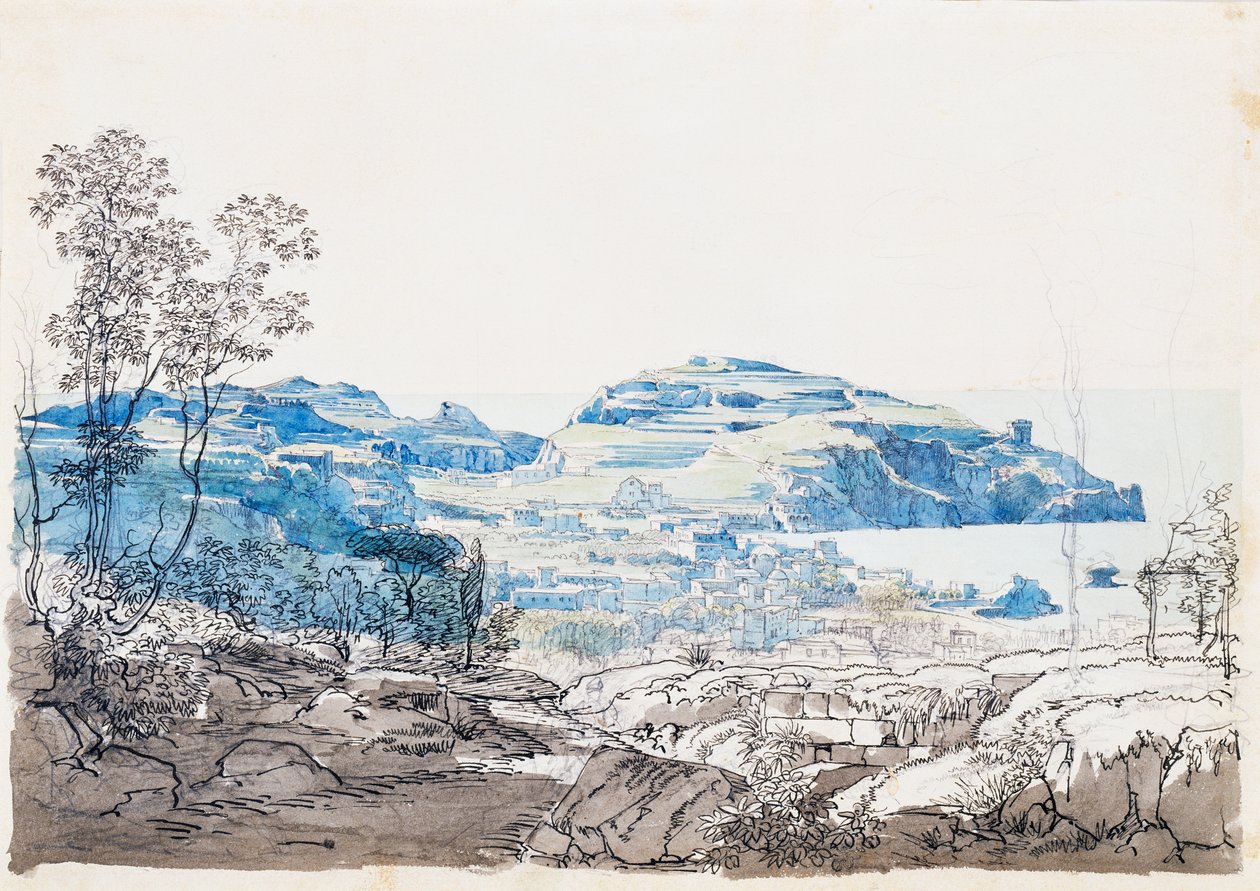 Widok Ischii (Lacco Ameno), ok. godz. 1845 (ołówek, długopis i akwarela) autorstwa Giacinto Gigante
