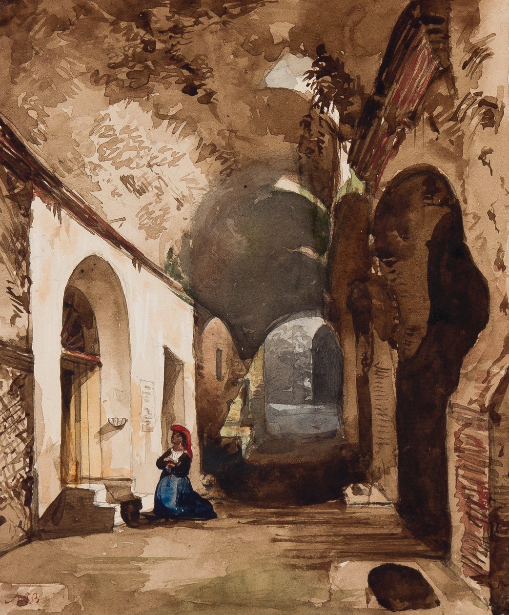 Kobieta modląca się w sklepionej kaplicy w amfiteatrze w Pozzuoli, z uzupełnieniami autorstwa księżnej Marii Annunziaty di Borbone (1843-1871) (ołówek, wc i gwasz na papierze) autorstwa Giacinto Gigante