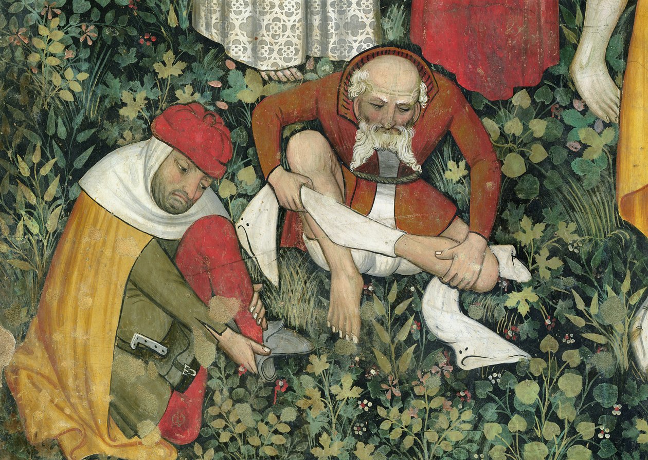 Fontanna Życia, fragment rozbierających się starszych mężczyzn, fresk 1418-30 autorstwa Giacomo Jaquerio