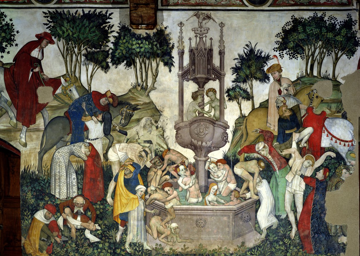 Fontanna Życia, fragment osób przybywających i kąpiących się w fontannie, 1418-30 autorstwa Giacomo Jaquerio