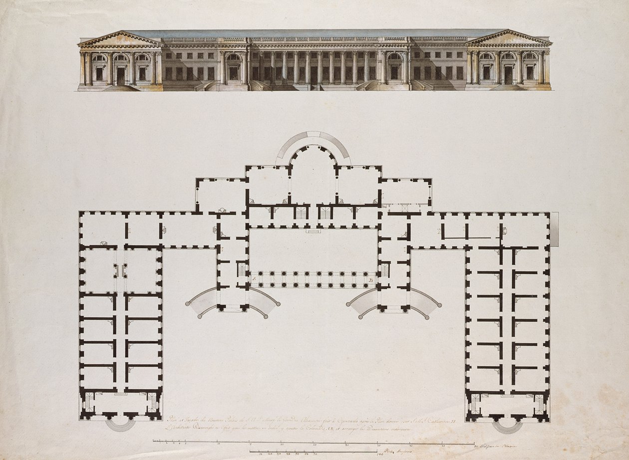 Elewacja północna i plan przyziemia Pałacu Aleksandra w Carskim Siole, ok. 1780 (pióro i czarno-brązowy tusz, szare lanie i toaleta na papierze) autorstwa Giacomo Antonio Domenico Quarenghi