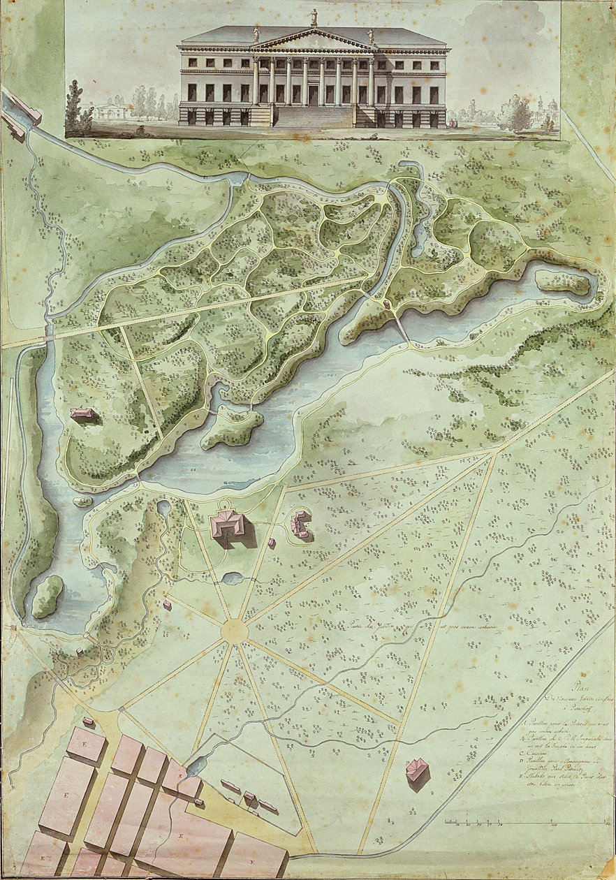 Peterhof, Rosja: Elewacja Pałacu Angielskiego i plan parku (pióro, szary tusz i wc na papierze) autorstwa Giacomo Antonio Domenico Quarenghi
