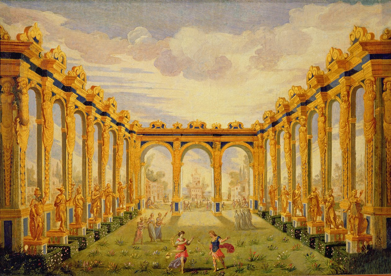 Akt III, scena V: Dziedziniec Pól Elizejskich autorstwa Giacomo Torelli